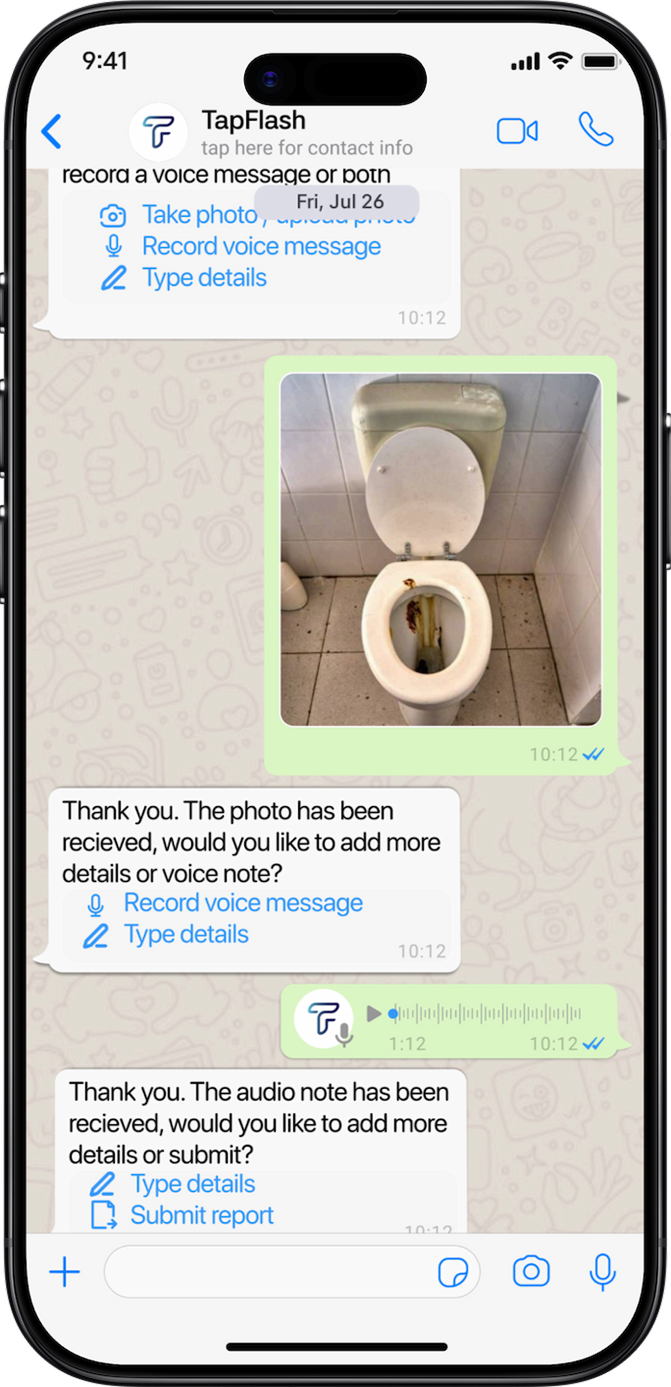 TapFlash incident report with photo, voice note, and submission options